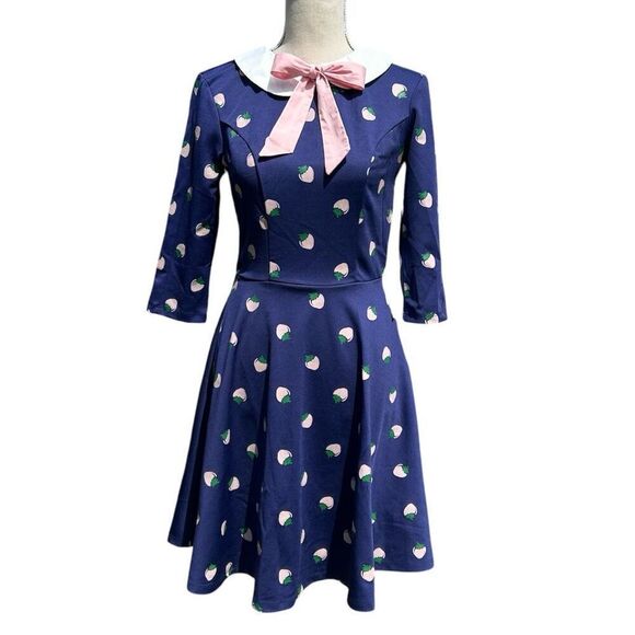 Unique Vintage Dresses & Skirts - Unique Vintage Retro Inspired 50’s Navy Strawberry Fit & Flare Dress S